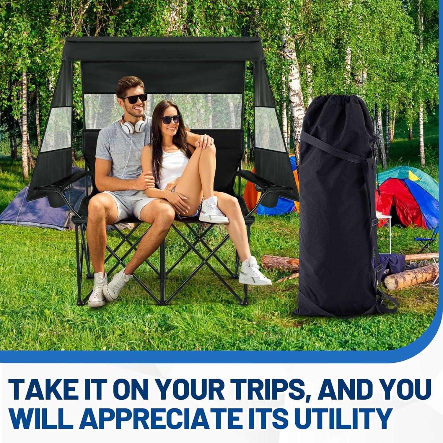 Double Camp Chair Replacement Bag, 48 Inches Heavy Duty Large Storage Bag, Nylon Folding Carry with Shoulder Strap Heavy Duty for Outdoor Camping Travel (Chair is Not Included)(Black)